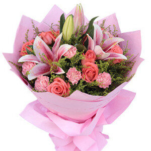 Pink lilies and white roses bouquet for flower delivery hangzhou china